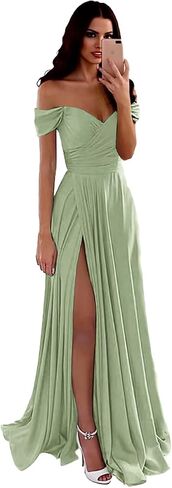 Off Shoulder Bridesmaid Dress for Women Long Satin Pleated Formal Evening Party Dresses with Slit in Kuwait