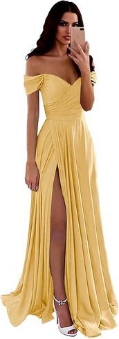 Off Shoulder Bridesmaid Dress for Women Long Satin Pleated Formal Evening Party Dresses with Slit in Kuwait