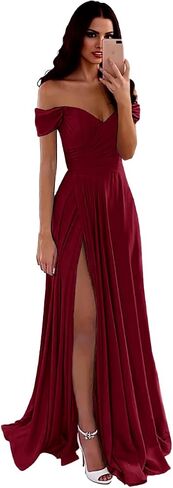 Off Shoulder Bridesmaid Dress for Women Long Satin Pleated Formal Evening Party Dresses with Slit in Kuwait