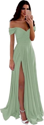 Off Shoulder Bridesmaid Dress for Women Long Satin Pleated Formal Evening Party Dresses with Slit in Kuwait