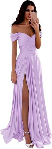 Off Shoulder Bridesmaid Dress for Women Long Satin Pleated Formal Evening Party Dresses with Slit in Kuwait