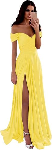 Off Shoulder Bridesmaid Dress for Women Long Satin Pleated Formal Evening Party Dresses with Slit in Kuwait