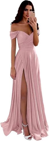 Off Shoulder Bridesmaid Dress for Women Long Satin Pleated Formal Evening Party Dresses with Slit in Kuwait