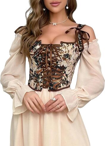 INOGIH Womens-Vintage-Renaissance-Corset-Tops - Lace-Up Sleeveless Floral-Print Overbust-Bodyshaper Going-Out in Saudi Arabia