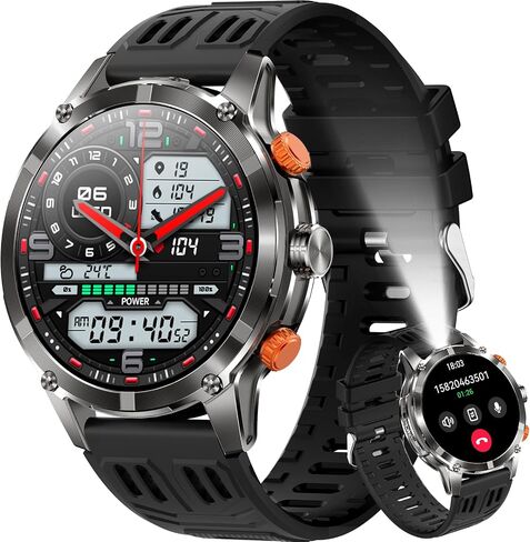 Military Smart Watches for Men with LED Flashlight, Tactical Rugged Smart watch with 1.45" HD, 3ATM Waterproof & Compass, Sports Fitness Tracker with Heart rate/SPO2/Sleep Monitor for iPhone Android in Saudi Arabia