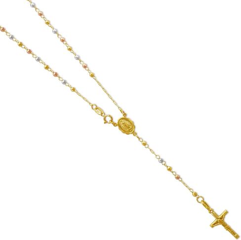 14Karat Gold Rosary Chain Necklace - Nice White Yellow Tricolor Shiny Pendant Flawless Jewelry Gift for Women and Men - Available 16 to 20 Inches Length - 3MM Wide in Saudi Arabia