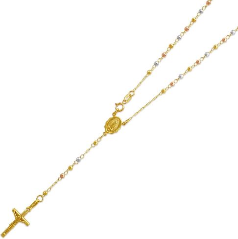 14Karat Gold Rosary Chain Necklace - Nice White Yellow Tricolor Shiny Pendant Flawless Jewelry Gift for Women and Men - Available 16 to 20 Inches Length - 3MM Wide in Saudi Arabia