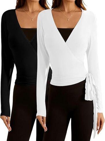 Women's 2 Pack Pilates Ballet Wrap Tops Long Sleeve Workout Yoga Shirt Going Out Tie Front Top in Saudi Arabia