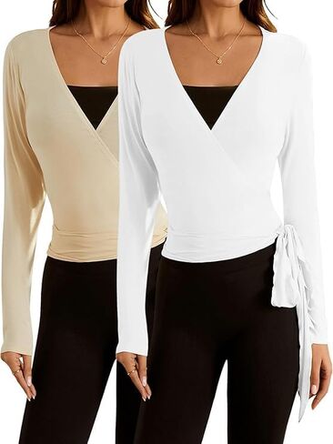 Women's 2 Pack Pilates Ballet Wrap Tops Long Sleeve Workout Yoga Shirt Going Out Tie Front Top in Saudi Arabia