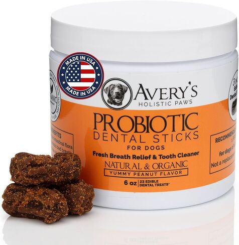 Avery's Holistic Paws Probiotic Dental Stick Treats for Dogs - 23 Peanut Butter Edible Dog Chews, 3 Inches Each - Natural & Organic Dog Chew Sticks for Oral Care - Teeth Cleaning Chews Made in USA in Saudi Arabia