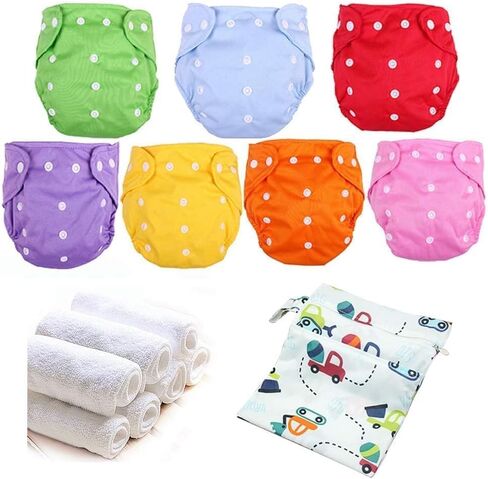 Baby Cloth Diapers Washable Reusable Diapers for Baby Girls and Boys, One Size Adjustable 7 Pack with 7 Inserts and 1 Storage Bag in Saudi Arabia
