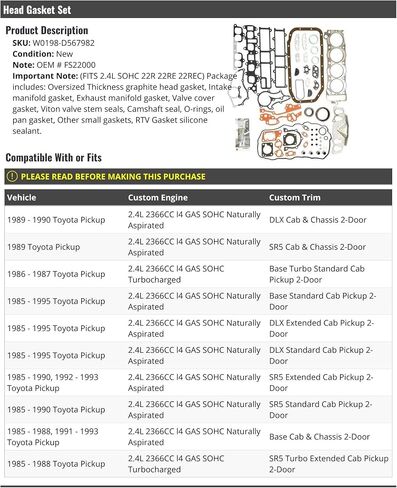 مجموعة حشية الرأس - متوافقة مع 1985-1995 Toyota Pickup 2.4L SOHC 22R 22REC in Kuwait