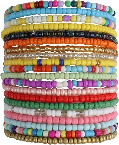 12/20Pcs Boho Elastic Stackable Beaded Ankle Bracelets for Women Summer Bohemian Colorful Style Multilayer Handmade Beaded Foot Anklets Chain Beach Jewelry Set in Saudi Arabia