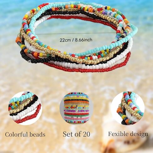 12/20Pcs Boho Elastic Stackable Beaded Ankle Bracelets for Women Summer Bohemian Colorful Style Multilayer Handmade Beaded Foot Anklets Chain Beach Jewelry Set in Saudi Arabia