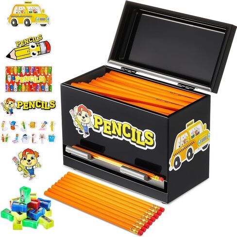 Ctosree 157 Pcs Stainless Steel Pencil Dispenser Kit With 100 Pencils 50 Sharpener 6 Sticker DIY Metal Pencil Holder School Classroom(Black) in Saudi Arabia