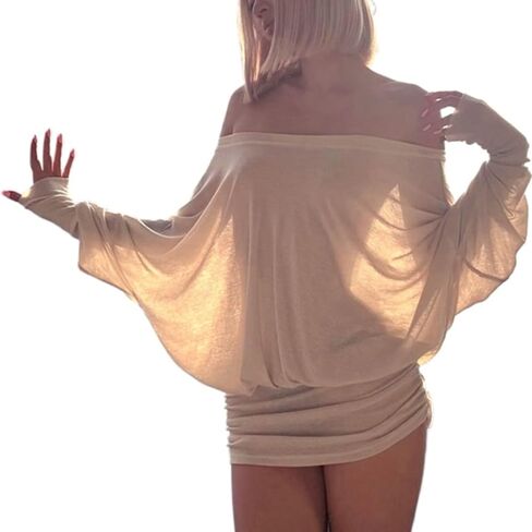 Loose Fit Sheer Dress Batwing Off The Shoulder Long Sleeve Mini Ruched Oversized Casual Streetwear Sexy Dress in Saudi Arabia