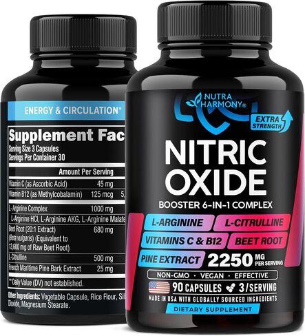 Nitric Oxide Supplement for Men & Women 2250 mg - Nitric Oxide Booster - Pine Bark | L-Arginine | L-Citrulline | Beet Root | Vitamin C & B12 - Muscles, Energy & Circulation - Made in USA, 90 Capsules in Saudi Arabia