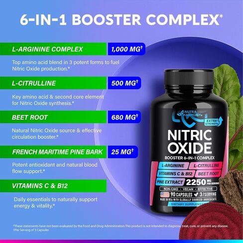 Nitric Oxide Supplement for Men & Women 2250 mg - Nitric Oxide Booster - Pine Bark | L-Arginine | L-Citrulline | Beet Root | Vitamin C & B12 - Muscles, Energy & Circulation - Made in USA, 90 Capsules in Saudi Arabia