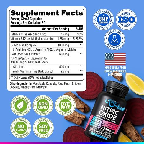 Nitric Oxide Supplement for Men & Women 2250 mg - Nitric Oxide Booster - Pine Bark | L-Arginine | L-Citrulline | Beet Root | Vitamin C & B12 - Muscles, Energy & Circulation - Made in USA, 90 Capsules in Saudi Arabia