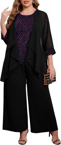 ZOMVA Plus Size 3 Piece Formal Pantsuit Sparkly Chiffon Jacket Set Dressy Outfit Mother of The Bride Groom Wedding Cocktail in Saudi Arabia
