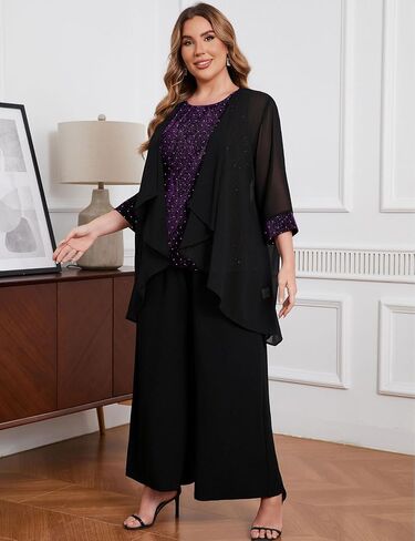 ZOMVA Plus Size 3 Piece Formal Pantsuit Sparkly Chiffon Jacket Set Dressy Outfit Mother of The Bride Groom Wedding Cocktail in Saudi Arabia