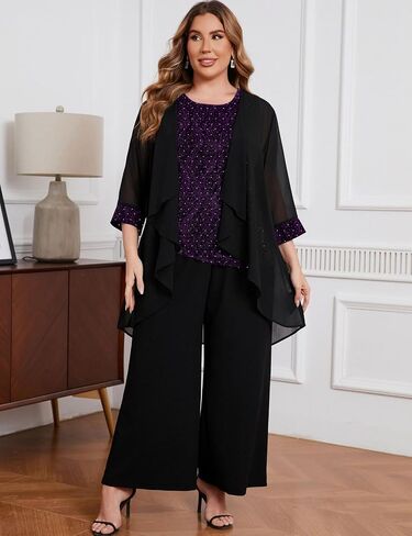 ZOMVA Plus Size 3 Piece Formal Pantsuit Sparkly Chiffon Jacket Set Dressy Outfit Mother of The Bride Groom Wedding Cocktail in Saudi Arabia