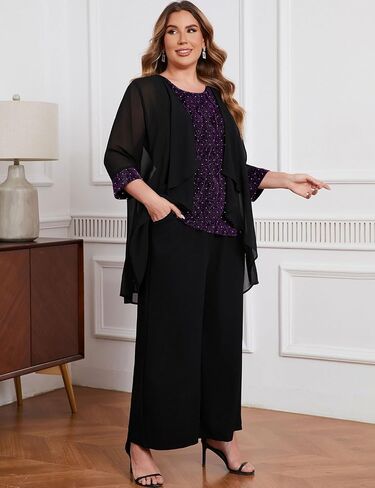 ZOMVA Plus Size 3 Piece Formal Pantsuit Sparkly Chiffon Jacket Set Dressy Outfit Mother of The Bride Groom Wedding Cocktail in Saudi Arabia