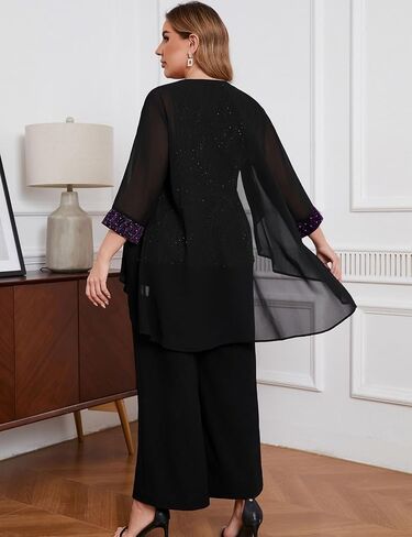 ZOMVA Plus Size 3 Piece Formal Pantsuit Sparkly Chiffon Jacket Set Dressy Outfit Mother of The Bride Groom Wedding Cocktail in Saudi Arabia