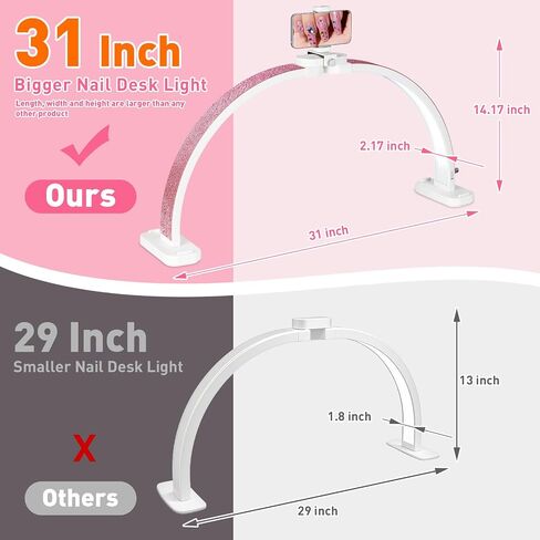 HITTI Large Half Moon Light for Nail Desk, 30" Touch Nail Desk Lamp, Lash Tech Lamp with Phone Holder, Nail Table Lamp for Eyelash Extension Tattoo Craft Beauty, Stepless Dimming & Color Temperature in Saudi Arabia