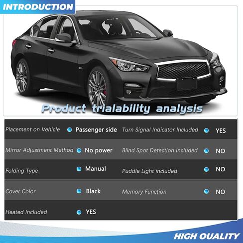 7Pins Right Side Mirror Assembly Compatible with 2014-2018 Infiniti Q50 Power Heated Mirror With Signal Light Paintable For Models Without Around View Monitor(7Pins-Passenger Right Side) in Kuwait