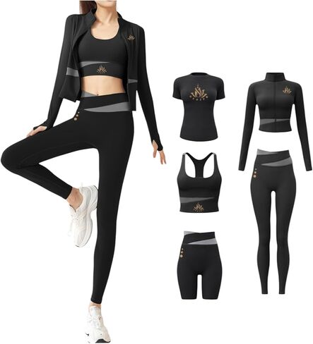 Women Activewear Gymwear Yoga Suit Athleisure Five Piece Set, T-Shirt, Jacket, Sports Bra, Leggings, Running Shorts in Saudi Arabia