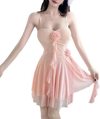Womens Strappy Dress Summer Fairy 3D Flower Lace Tulle Irregular Hem Suspender Vestidos in Saudi Arabia