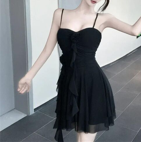 Womens Strappy Dress Summer Fairy 3D Flower Lace Tulle Irregular Hem Suspender Vestidos in Saudi Arabia