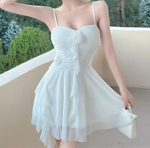 Womens Strappy Dress Summer Fairy 3D Flower Lace Tulle Irregular Hem Suspender Vestidos in Saudi Arabia