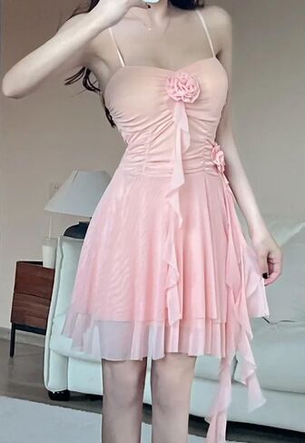Womens Strappy Dress Summer Fairy 3D Flower Lace Tulle Irregular Hem Suspender Vestidos in Saudi Arabia