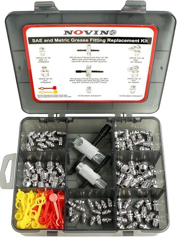 NOVINO Grease Fitting Tool Kit- 2PCS Zerk Removal & Cleaning Tool, 80PCS Grease Zerk Fitting W/Hex Size 3/8" 5/16" 7/16" 1/4" 1/8" 90° SAE Metric,60PCS Cap,Fits 1/4"-28 SAE,1/8"-NPT,M10x1 M8x1 in Saudi Arabia