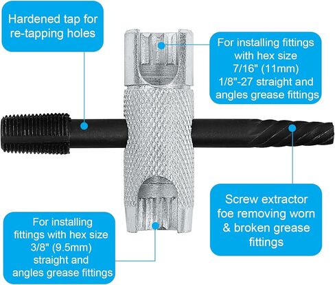 NOVINO Grease Fitting Tool Kit- 2PCS Zerk Removal & Cleaning Tool, 80PCS Grease Zerk Fitting W/Hex Size 3/8" 5/16" 7/16" 1/4" 1/8" 90° SAE Metric,60PCS Cap,Fits 1/4"-28 SAE,1/8"-NPT,M10x1 M8x1 in Saudi Arabia