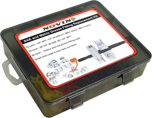 NOVINO Grease Fitting Tool Kit- 2PCS Zerk Removal & Cleaning Tool, 80PCS Grease Zerk Fitting W/Hex Size 3/8" 5/16" 7/16" 1/4" 1/8" 90° SAE Metric,60PCS Cap,Fits 1/4"-28 SAE,1/8"-NPT,M10x1 M8x1 in Saudi Arabia