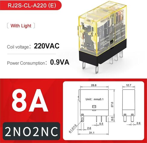 Relay RJ1S-CL/RJ2S-CL 1N1O 2N2O 8A 12A 24VDC 220VAC with Light Indicator High-Capacity Contacts Electrical Industrial(RJ1S-C-D24(E)) in Saudi Arabia