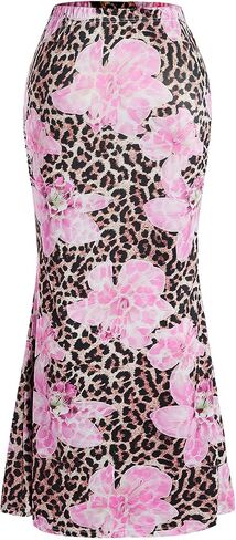 Verdusa Women's Leopard Floral Bodycon Maxi Skirts Y2K High Rise Fishtail Skirt in Saudi Arabia