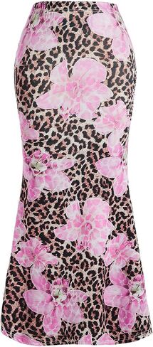 Verdusa Women's Leopard Floral Bodycon Maxi Skirts Y2K High Rise Fishtail Skirt in Saudi Arabia