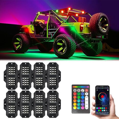 GSRecy LED Rock Lights للشاحنات ، و 8 قرون RGB مجموعات أضواء موسيقى الروك ، ومقاوم للماء متعدد الألوان أسفل الزجاجات للشاحنات على الطريق سيارات الدفع الرباعي ATV UTV بيك آب دراجة نارية ، التطبيق/التحكم عن بُعد/وضع الموسيقى in Kuwait