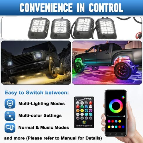 8 قرون LED LED Rock Light Ambient Light ، 1 Set 12V Smart Car Lights مع التحكم في التطبيق متوافق مع شاحنات صغيرة ، سيارات الدفع الرباعي ، ATVs ، UTVs ، الشاحنات ، المقطورات ، السيارات على الطرق الوعرة in Kuwait