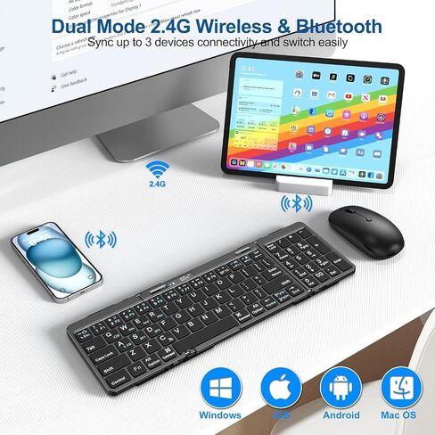 Foldable Keyboard and Mouse, EDJO Folding Wireless Keyboard Mouse with Portable Case, 2.4G Wireless & Bluetooth, USB-C Rechargeable Keyboard Mouse for Windows, Mac OS, iOS, Android in Saudi Arabia