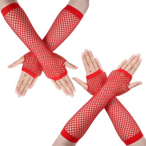 2 Pairs Fingerless Fishnet Gloves Fishnet Sleeves Long Fishnet Mesh Glove for Women Men Girls Boys 80s 90s Party Costume Accessories Supplies(Red) in Saudi Arabia