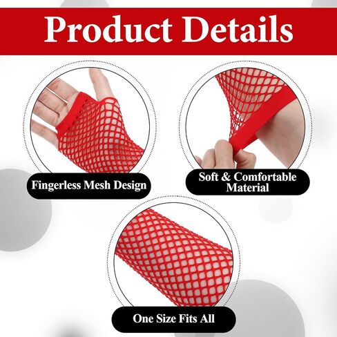 2 Pairs Fingerless Fishnet Gloves Fishnet Sleeves Long Fishnet Mesh Glove for Women Men Girls Boys 80s 90s Party Costume Accessories Supplies(Red) in Saudi Arabia