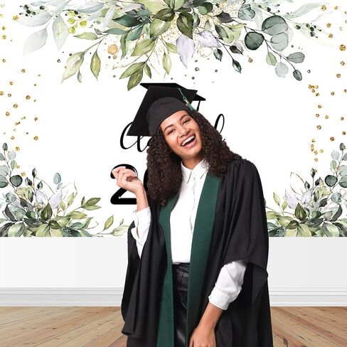 Mocsicka 2024 Graduation Picture Backdrop Green Leaves Graduation Decorations Class of 2024 Boho Black Bachelor Cap Prom 2024 Congratulations Banner Graduation Party Decorations in Saudi Arabia