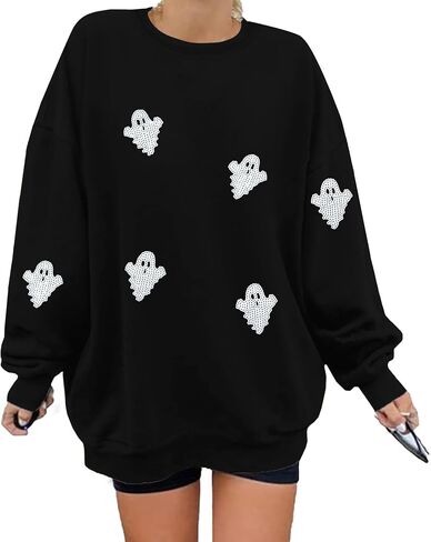 VILOVE Womens Halloween Ghost Sweatshirt: Oversized Sequin Spooky Graphic Shirts Long Sleeve Crewneck Halloween Pullover Tops in Saudi Arabia