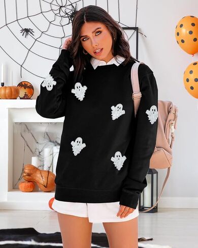 VILOVE Womens Halloween Ghost Sweatshirt: Oversized Sequin Spooky Graphic Shirts Long Sleeve Crewneck Halloween Pullover Tops in Saudi Arabia