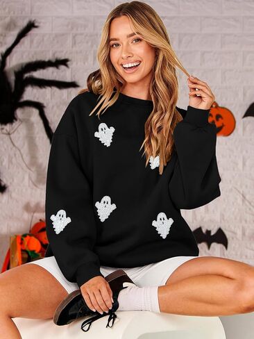 VILOVE Womens Halloween Ghost Sweatshirt: Oversized Sequin Spooky Graphic Shirts Long Sleeve Crewneck Halloween Pullover Tops in Saudi Arabia